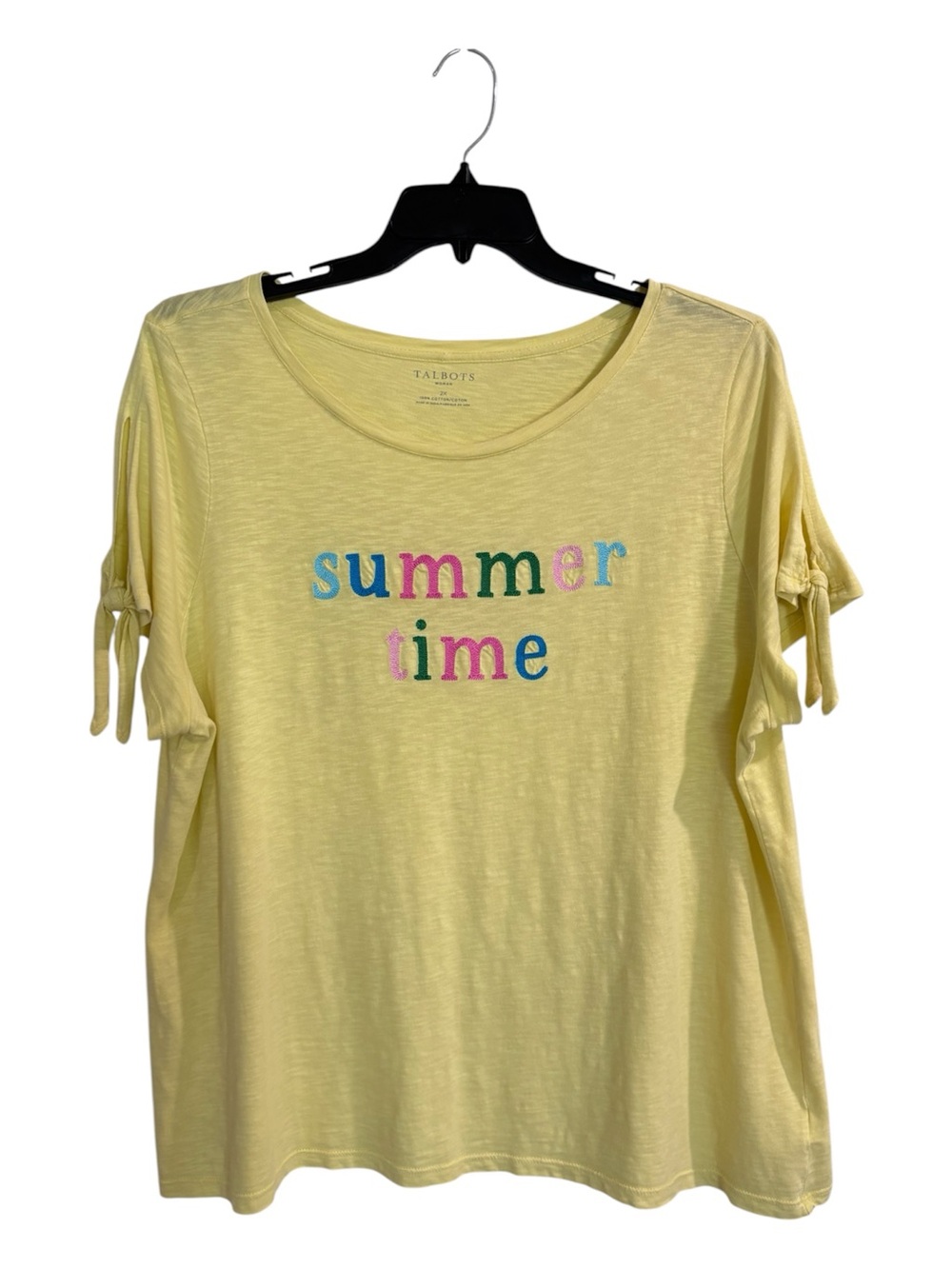 Talbots Summer Time 100% Cotton Crewneck Tee Yellow Tie Sleeve Women’s Size 2X